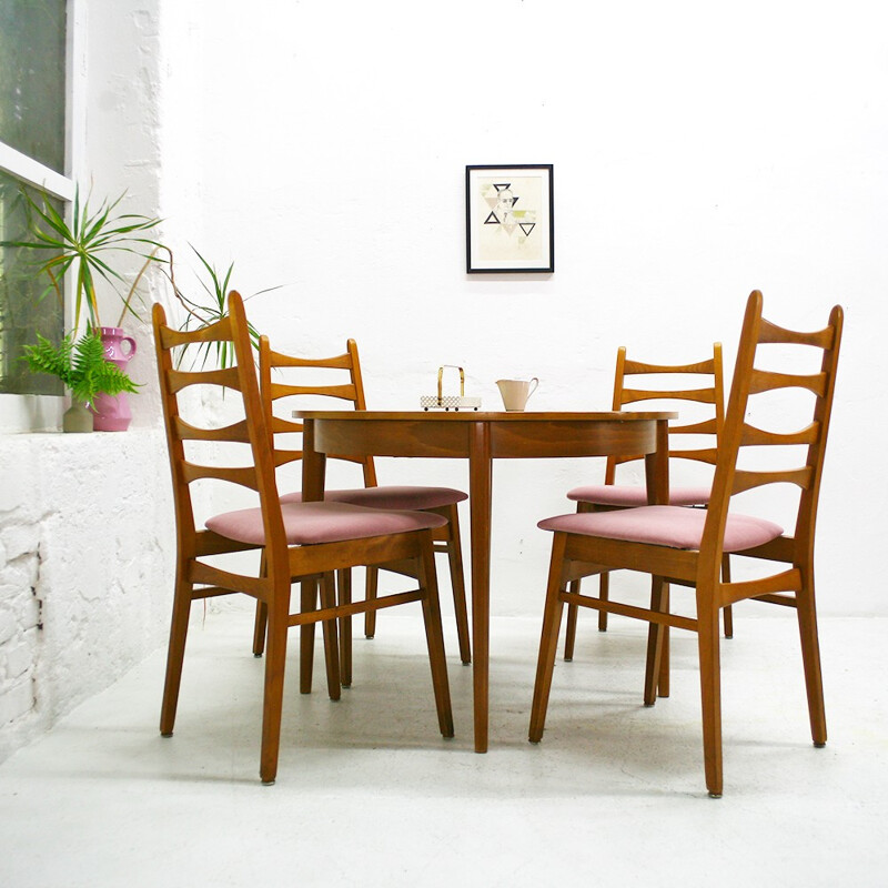 Set of 4 pink dining chairs in beechwood - 1950s