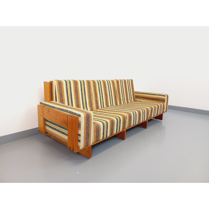 Vintage 4-seater sofa in pine and fabric, 1970