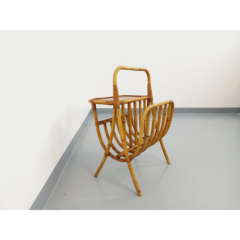 Vintage rattan and wood side table with magazine rack, 1960