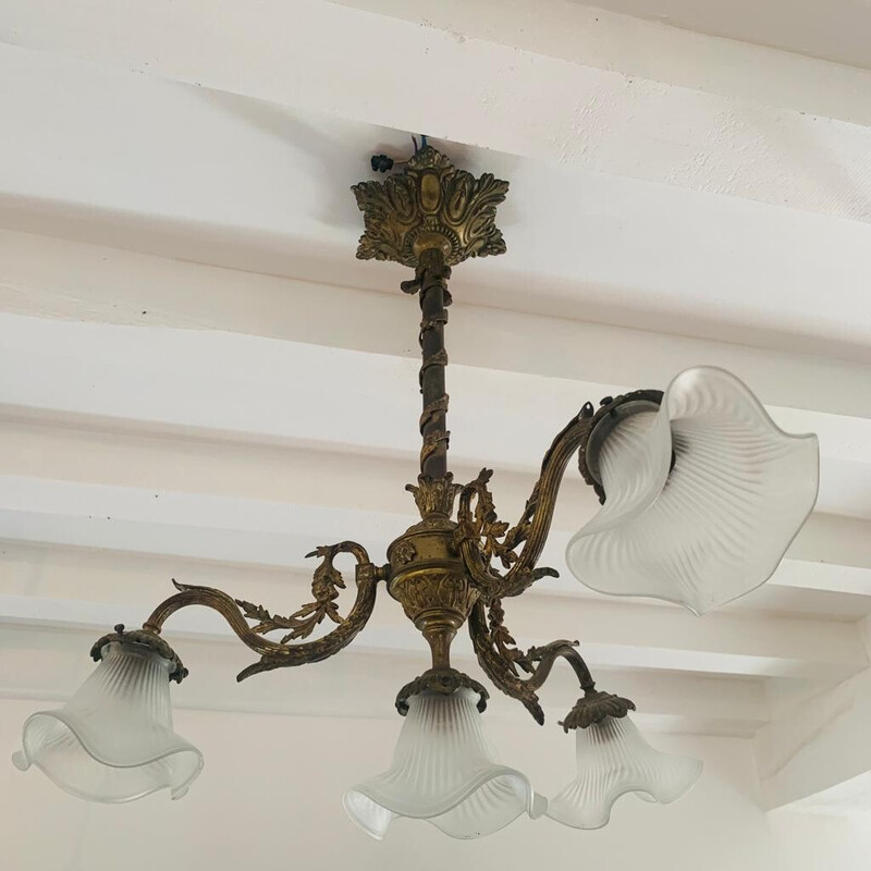 Lustre vintage en bronze avec 4 bras de lumière