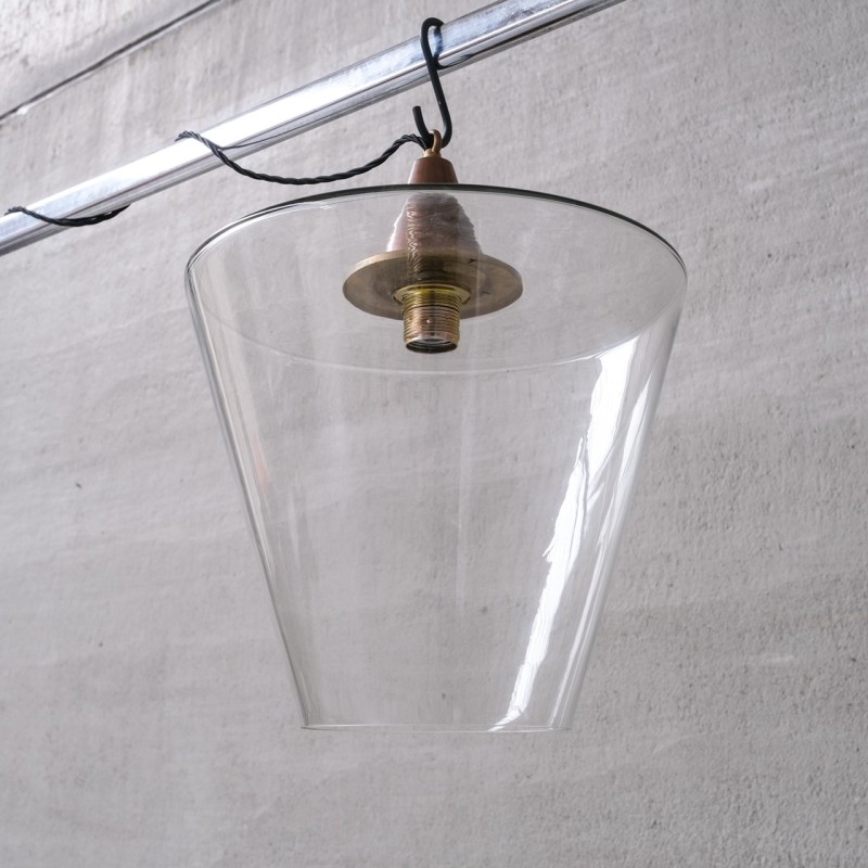 Vintage conical pendant lamp in copper and glass, France 1950