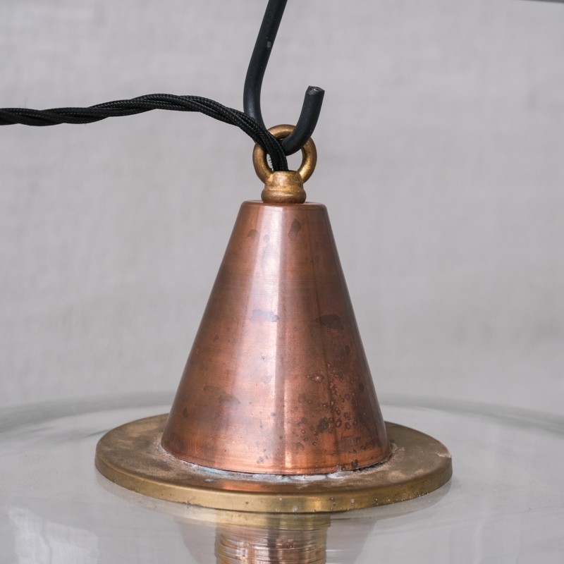 Vintage conical pendant lamp in copper and glass, France 1950