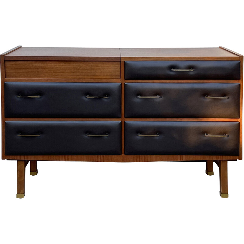 Vintage dressing table in teak and brown imitation leather, France 1960