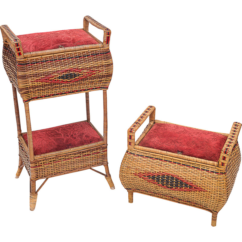 Vintage wicker and chiseled velvet storage set