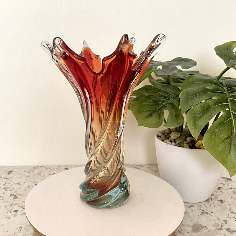 Vintage red and amber Murano glass vase for Cristallo Venezia Ccc, Italy 1979