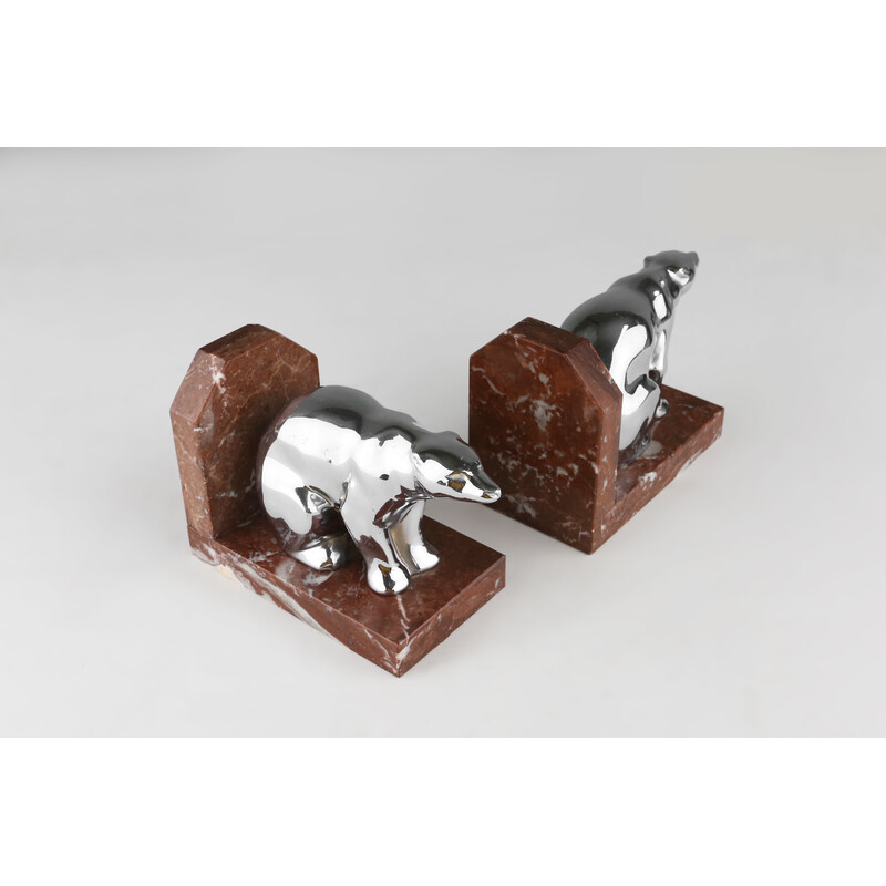 Pair of vintage Art Deco bear-shaped bookends in marble and metal, 1930