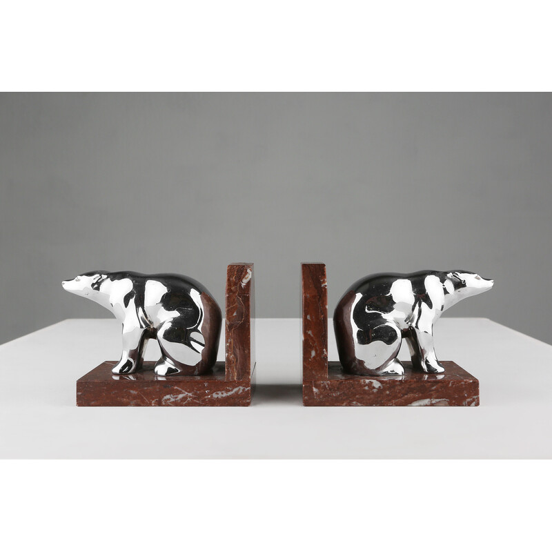 Pair of vintage Art Deco bear-shaped bookends in marble and metal, 1930