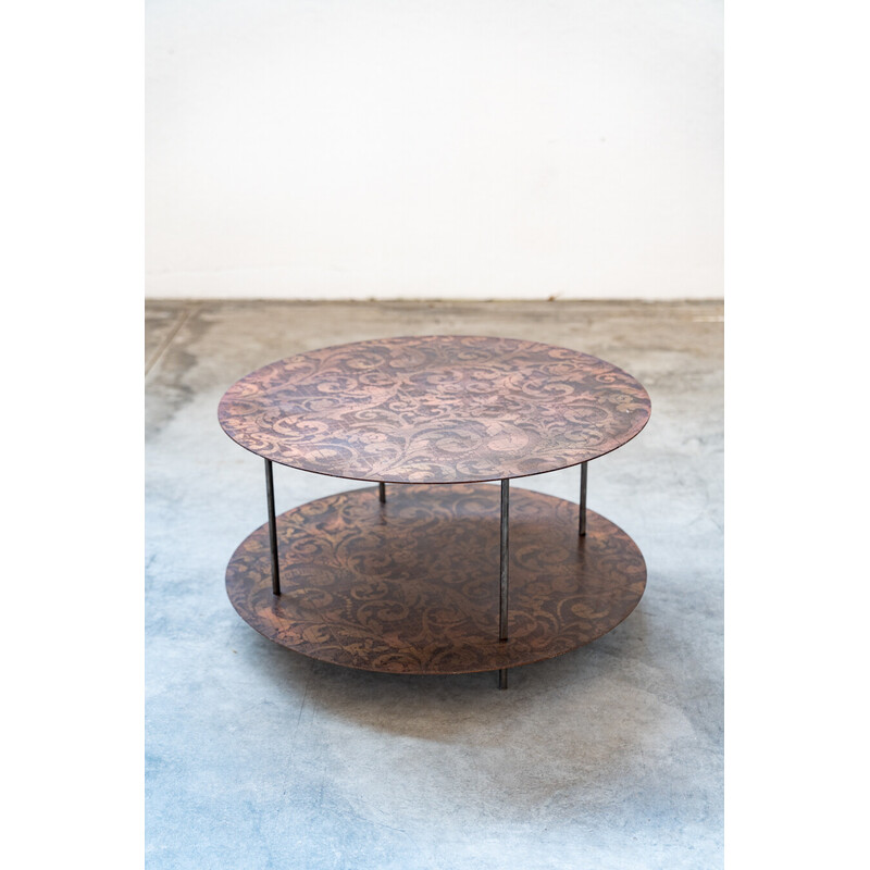 Vintage round coffee table in brown and beige metal, Italy 1990