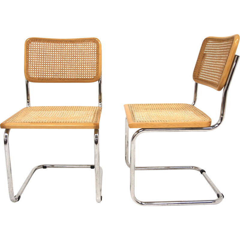 Paire de chaises vintage "B32" en acier chromé et hêtre par Marcel Breuer, Italie 1990