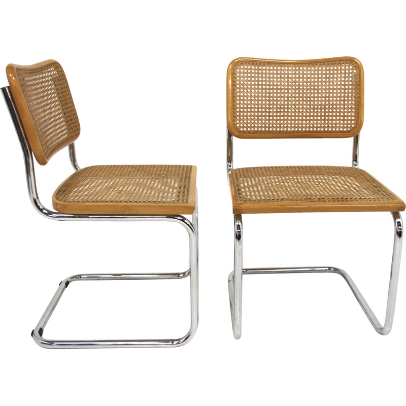 Pair of vintage "B32" chairs in chrome steel and beech by Marcel Breuer, Italy 1990