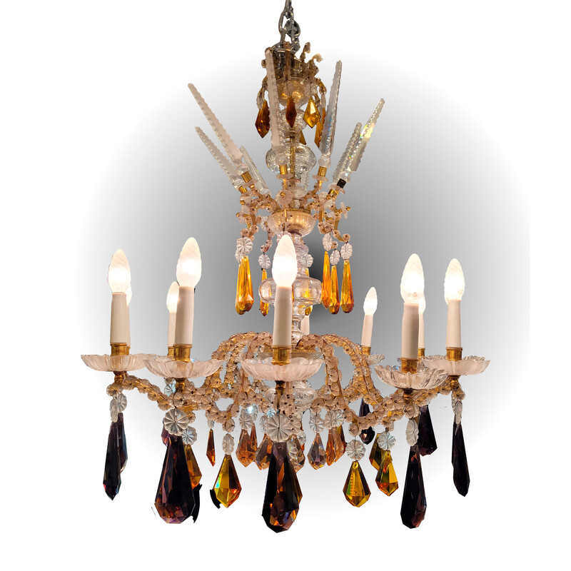 Vintage tall, faceted crystal chandelier, Italy 1940