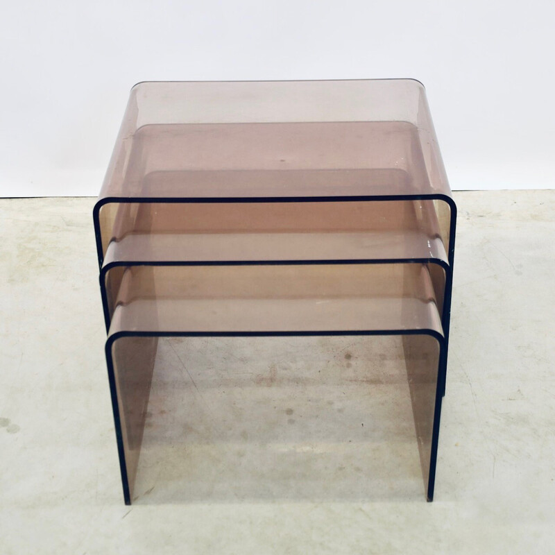 Vintage nesting tables in smoked plexi by Michel Dumas, France 1970