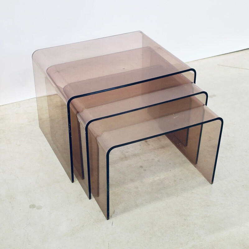 Vintage nesting tables in smoked plexi by Michel Dumas, France 1970