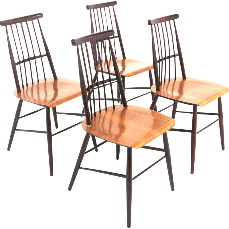 Set of 4 vintage "Pinnstol" teak and beech chairs, Sweden 1960