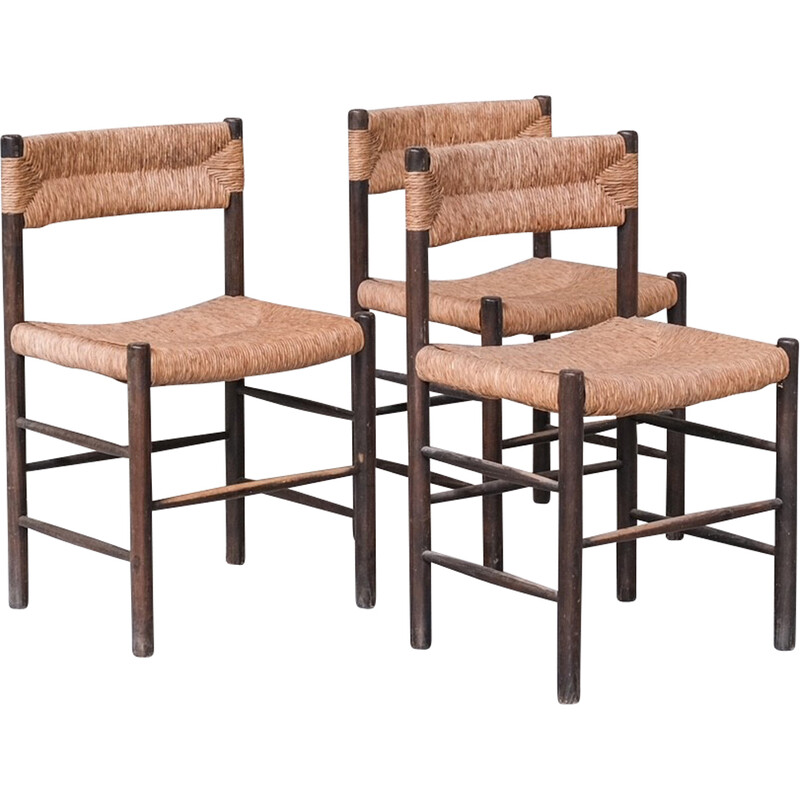 Set of 3 vintage “Dordogne” dining chairs in stained wood by Charlotte Perriand for Robert Sentou, France 1950