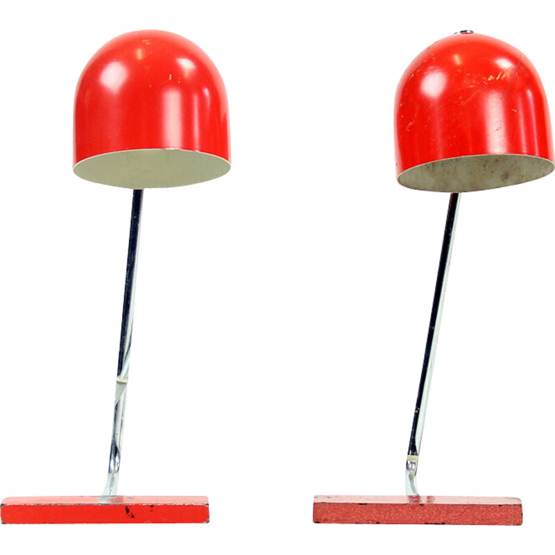 Pair of vintage red metal and chrome table lamps by Josef Hurka for Napako, Czechoslovakia 1960