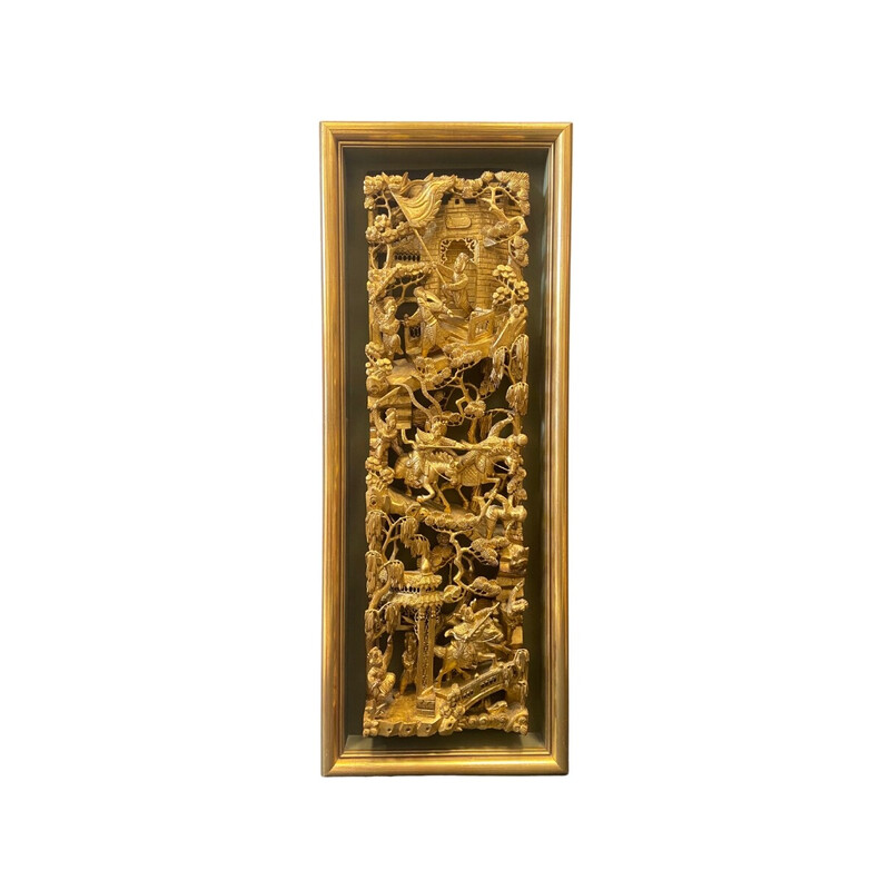 Painel vintage de madeira esculpida e dourada, China