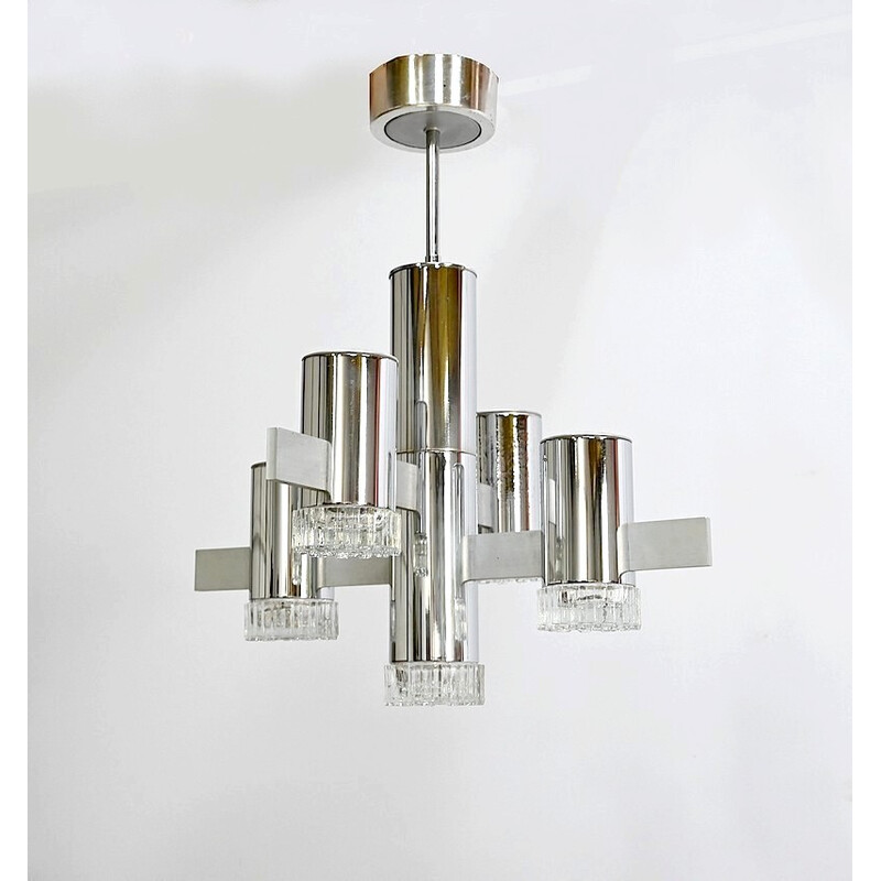 Vintage chandelier in polished chrome and aluminum with 5 arms of light by Gaetano Sciolari, Italy 1960