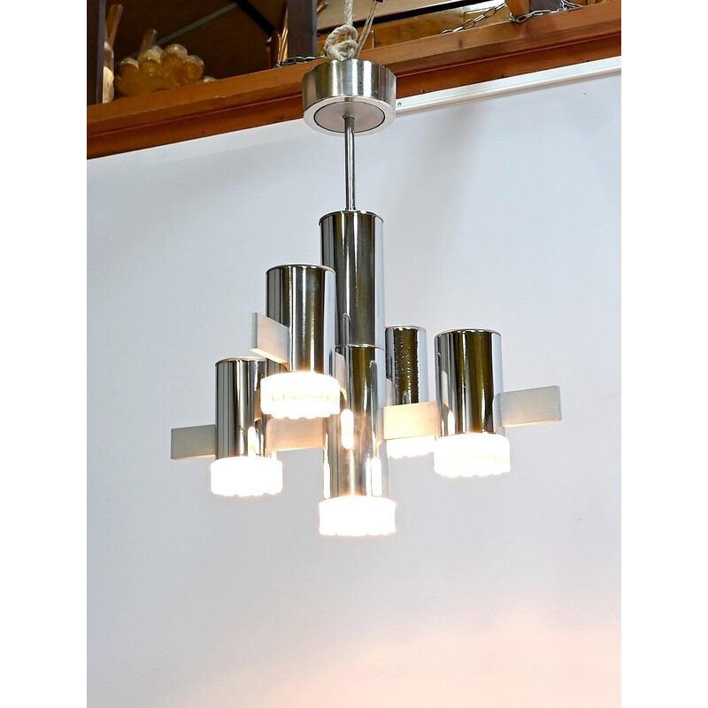 Vintage chandelier in polished chrome and aluminum with 5 arms of light by Gaetano Sciolari, Italy 1960