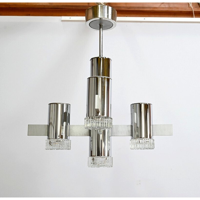 Vintage chandelier in polished chrome and aluminum with 5 arms of light by Gaetano Sciolari, Italy 1960