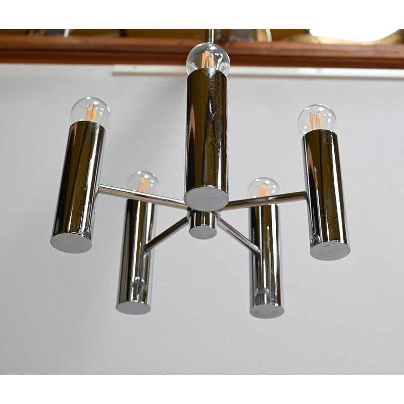 Vintage chrome metal chandelier with 5 arms of light by Gaetano Sciolari, Italy 1960
