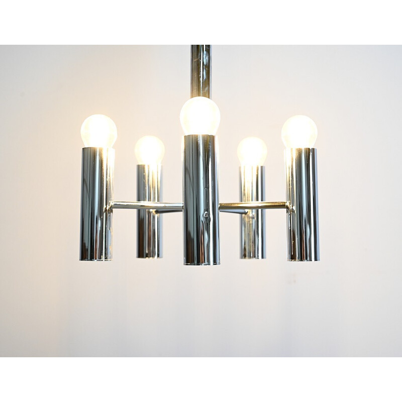 Vintage chrome metal chandelier with 5 arms of light by Gaetano Sciolari, Italy 1960
