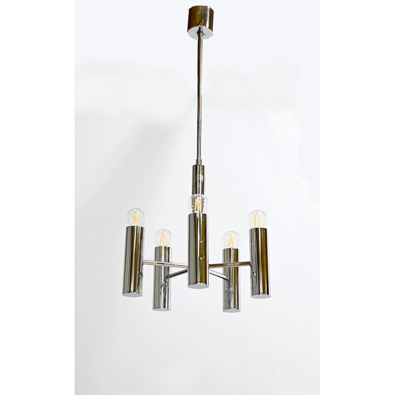 Vintage chrome metal chandelier with 5 arms of light by Gaetano Sciolari, Italy 1960