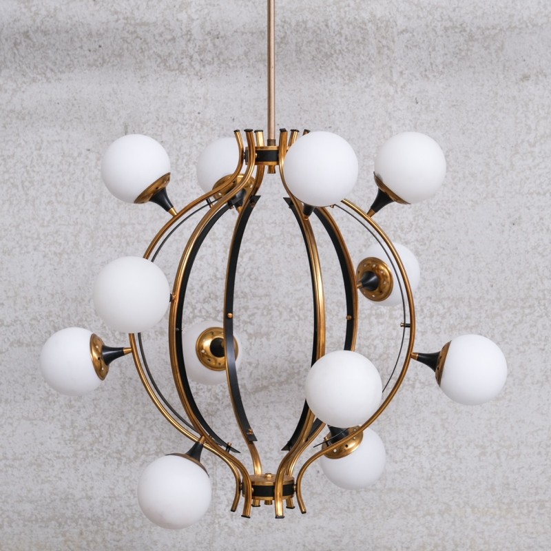 Vintage chandelier in brass and opaline glass, Italy 1950