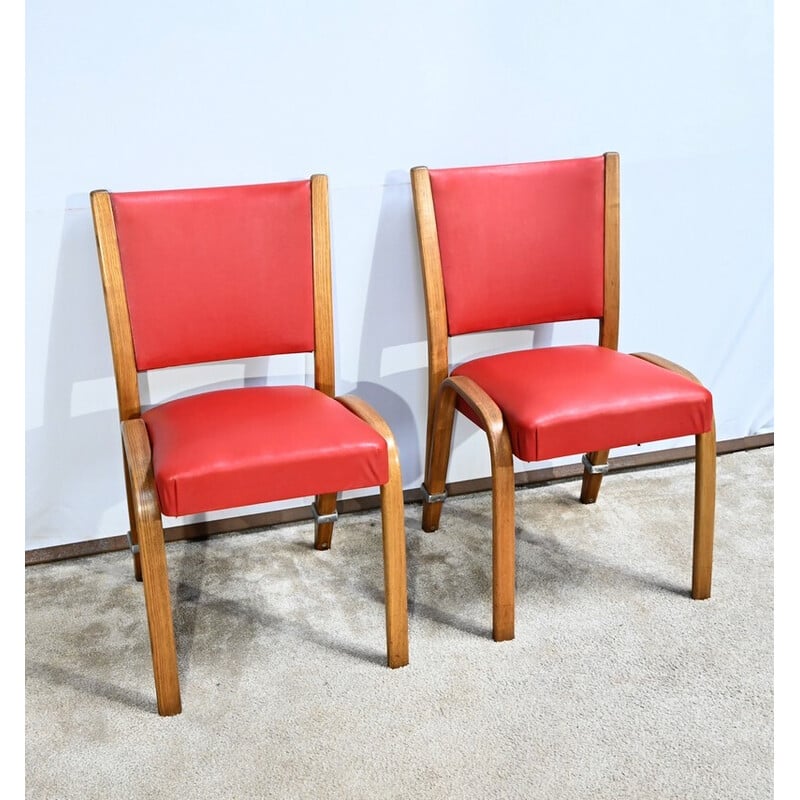 Pair of vintage "Bow Wood" chairs in solid ash by Hugues Steiner, France 1950