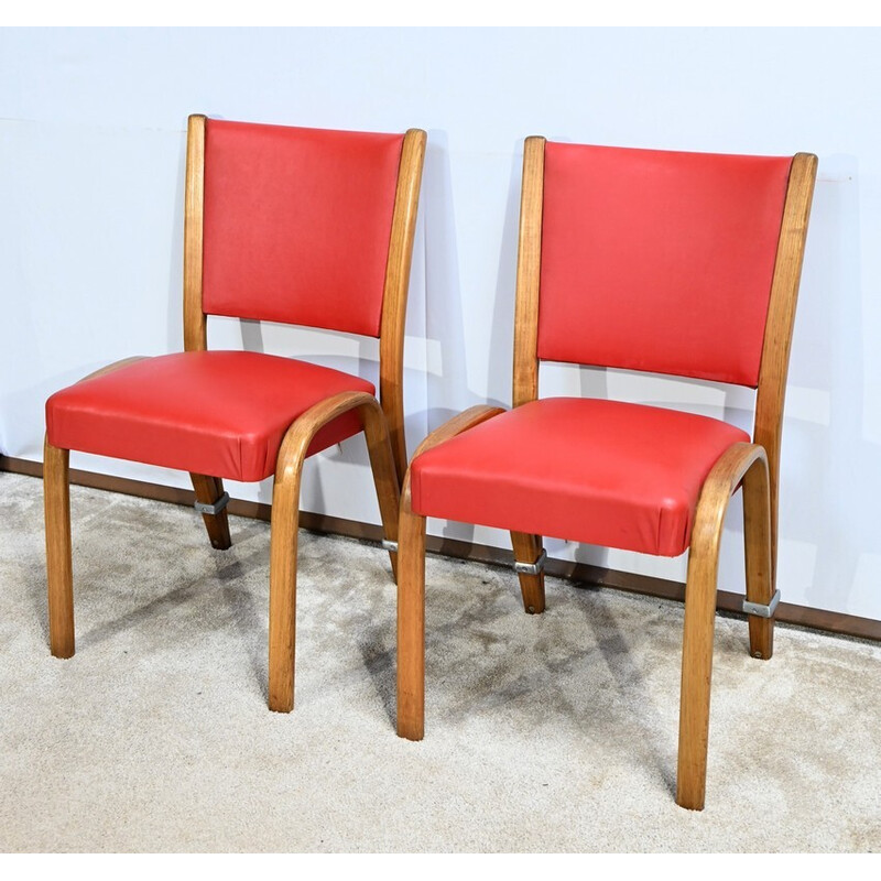 Pair of vintage "Bow Wood" chairs in solid ash by Hugues Steiner, France 1950