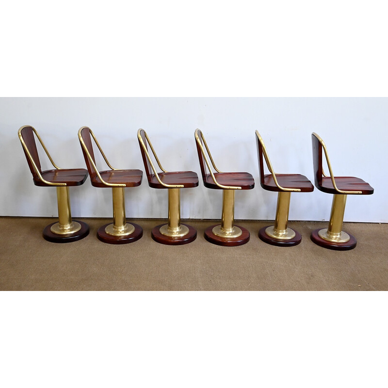 Lot de 6 chaises de paquebot vintage en acajou et de laiton, Angleterre