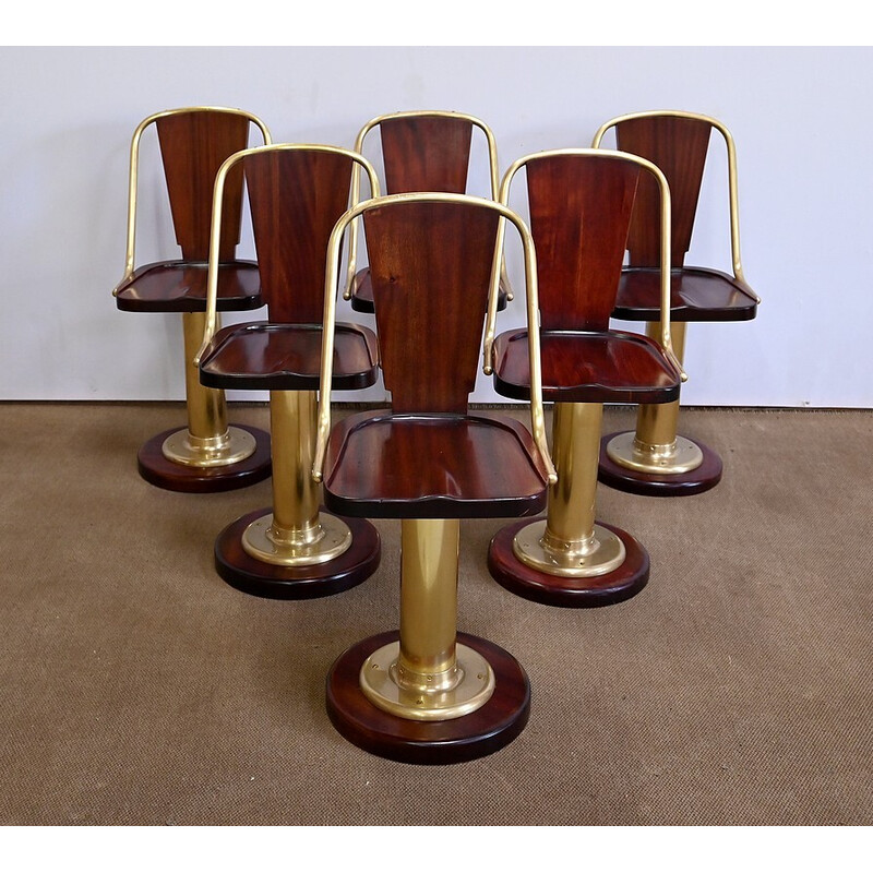 Set of 6 vintage mahogany and brass liner chairs, England