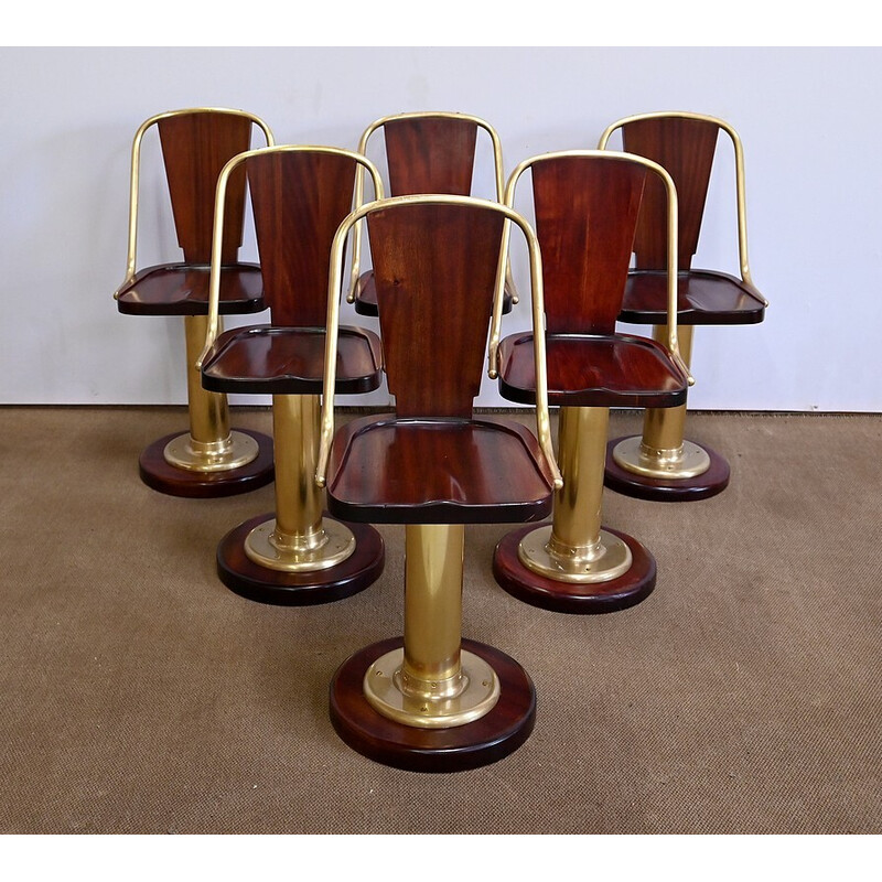 Set von 6 Vintage-Passagierschiff-Stühlen aus Mahagoni und Messing, England