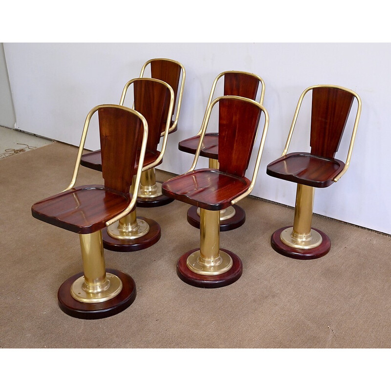 Lot de 6 chaises de paquebot vintage en acajou et de laiton, Angleterre