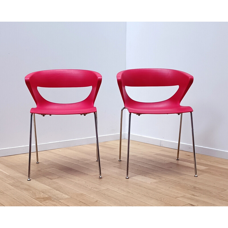 Pair of vintage Kicca chairs in red plastic and chromed aluminum for Kastel