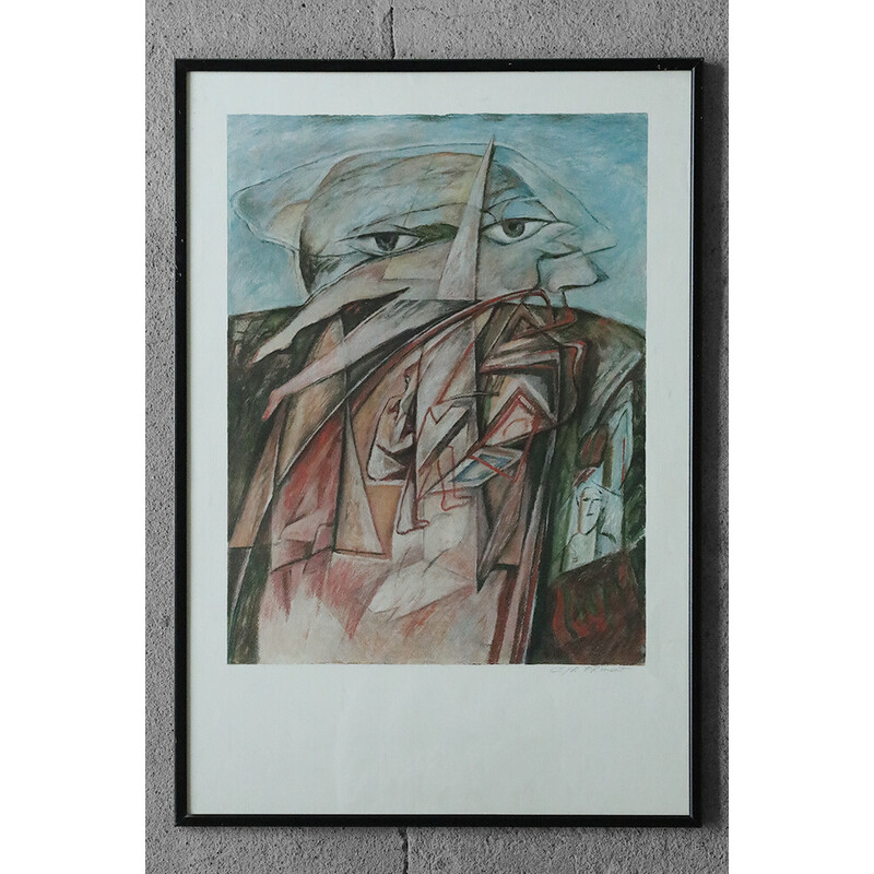 Vintage lithograph “Man with two heads” by Cyr Frimout, 1990
