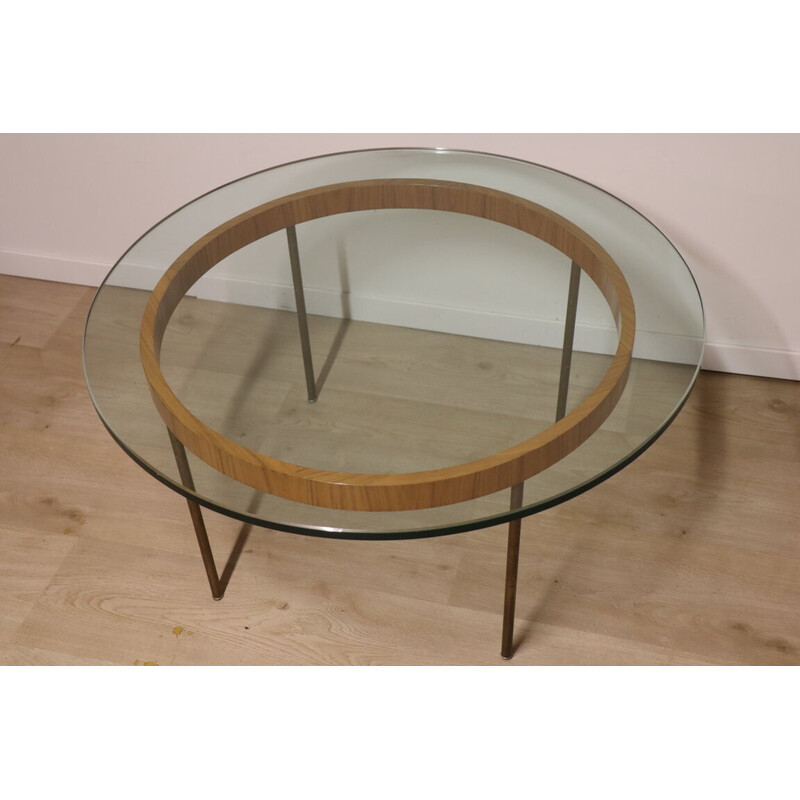 Table basse vintage circulaire en placage de palissandre et verre, 1960