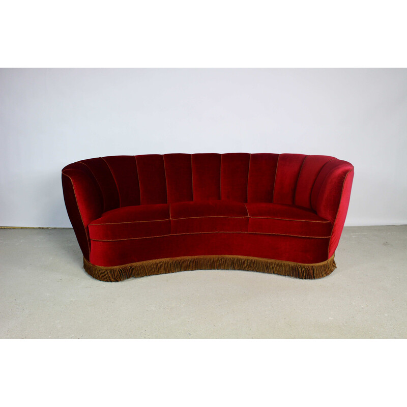 Vintage 3-seater "Banana" sofa in burgundy velvet, Denmark 1940