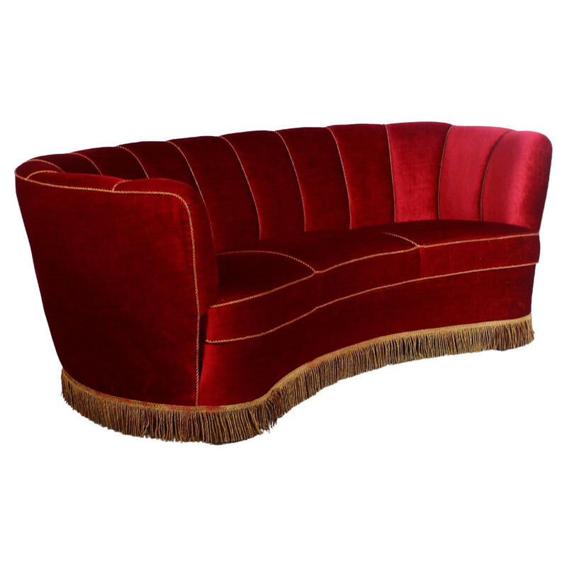 Vintage 3-seater "Banana" sofa in burgundy velvet, Denmark 1940