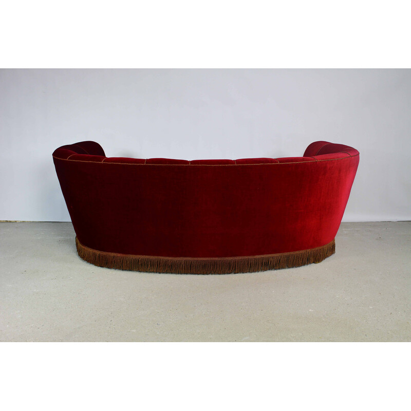 Vintage 3-seater "Banana" sofa in burgundy velvet, Denmark 1940