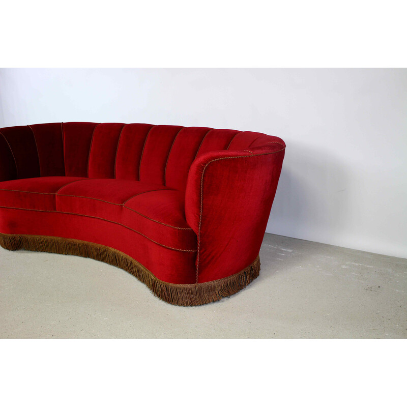 Vintage 3-seater "Banana" sofa in burgundy velvet, Denmark 1940