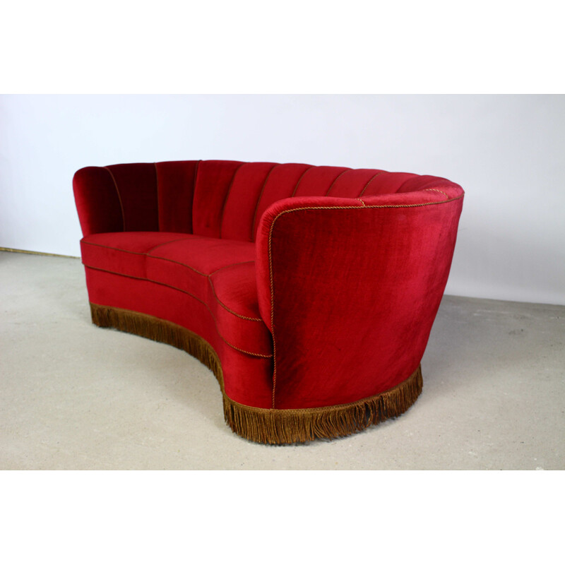 Vintage 3-seater "Banana" sofa in burgundy velvet, Denmark 1940