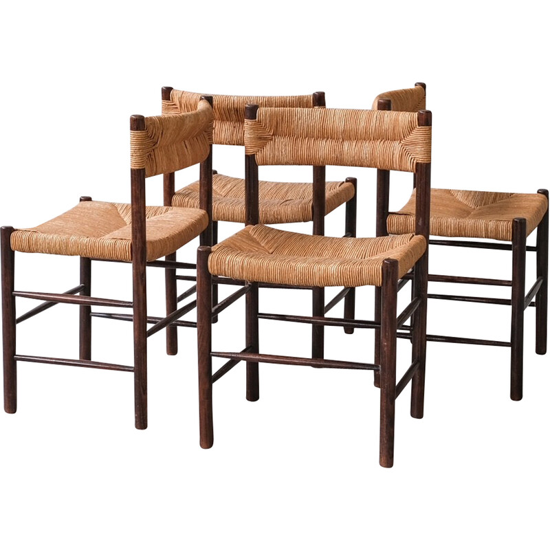 Set of 4 vintage “Dordogne” dining chairs in stained wood by Charlotte Perriand for Robert Sentou, France 1950