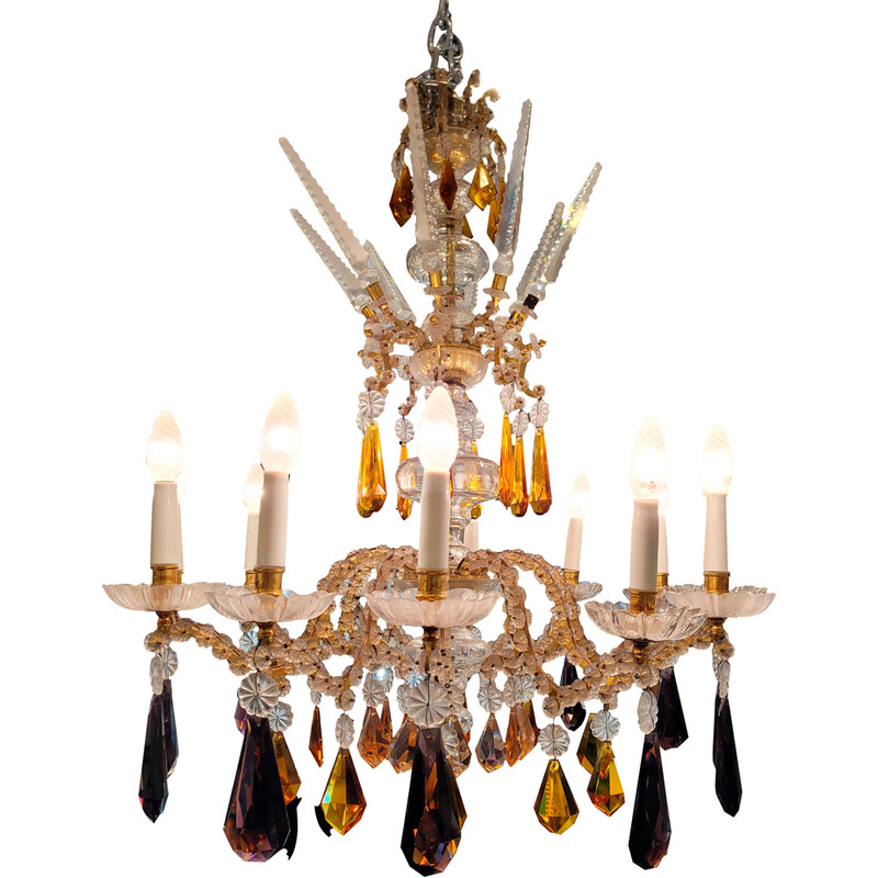 Vintage tall, faceted crystal chandelier, Italy 1940