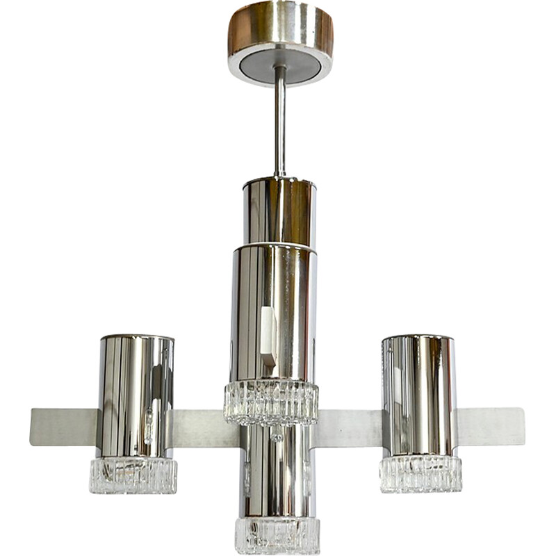 Vintage chandelier in polished chrome and aluminum with 5 arms of light by Gaetano Sciolari, Italy 1960
