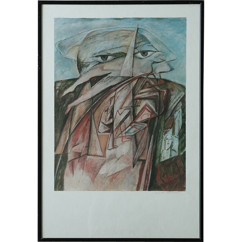 Vintage lithograph “Man with two heads” by Cyr Frimout, 1990