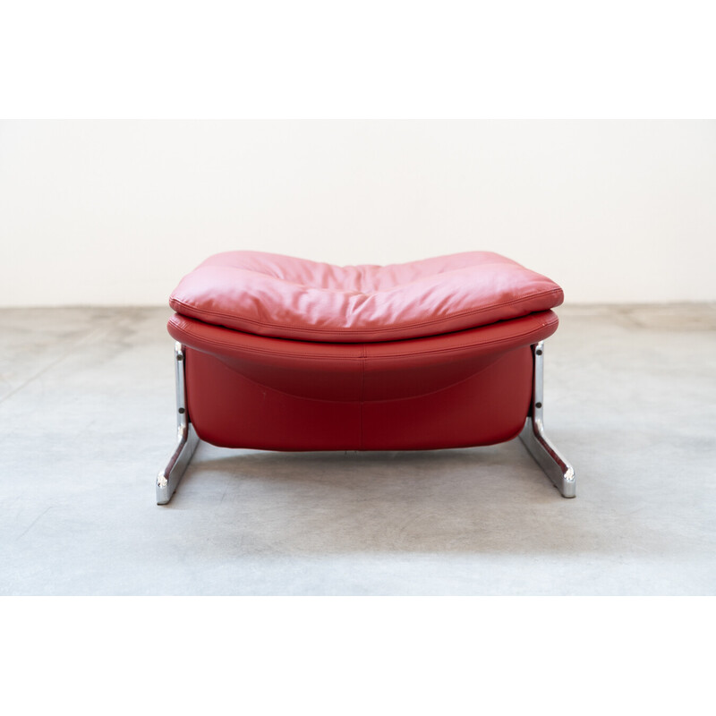 Vintage armchair and ottoman in metal and red leather by Vitelli and Ammannati for Brunati, Italy 1980