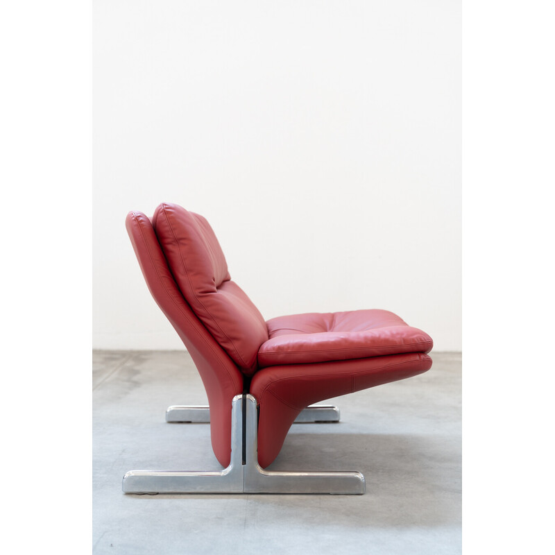 Vintage armchair and ottoman in metal and red leather by Vitelli and Ammannati for Brunati, Italy 1980