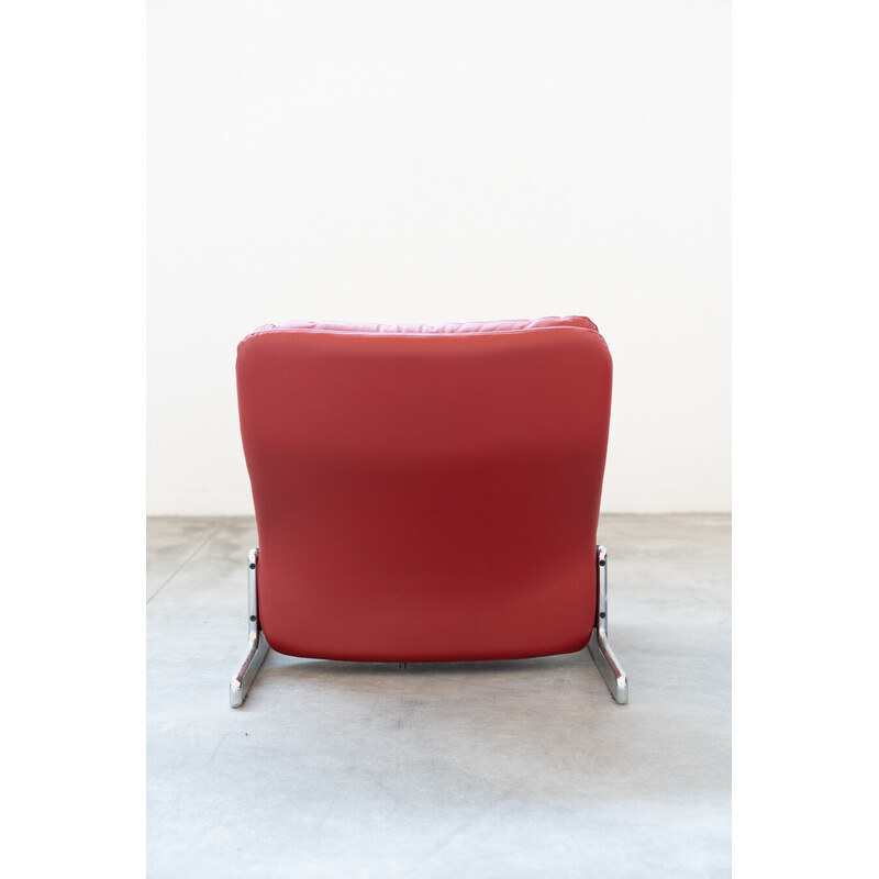 Vintage armchair and ottoman in metal and red leather by Vitelli and Ammannati for Brunati, Italy 1980