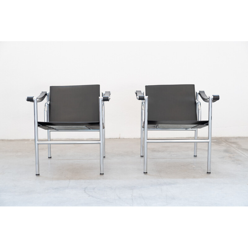 Pair of vintage LC1 armchairs in leather and steel by Le Corbusier and Pierre Jenneret for Cassina, Italy 1970